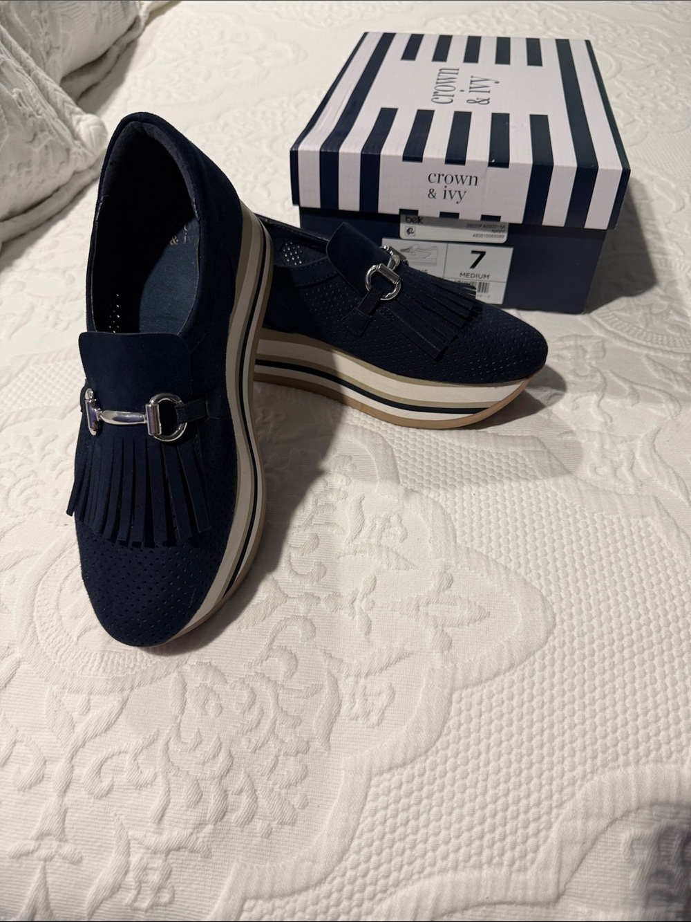 crown & ivy Navy Fringe Slip-On Loafers with Silver Bit